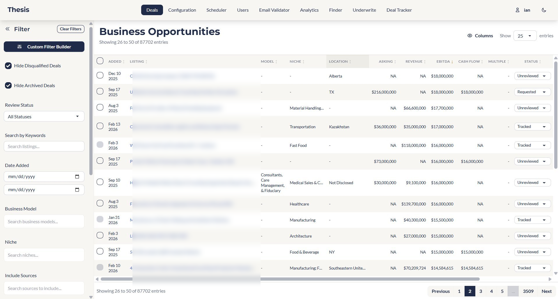 The Thesis Deal Platform showing live opportunities